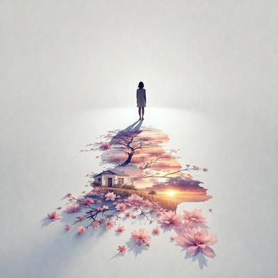 The primary subject of the image is a woman walking on a path. She is the main focus of the scene. The setting is a path with a backdrop of a house, and the visual style is a combination of photo and digital art. The colors and mood of the image are warm and inviting, with the woman's shadow cast on the ground and the surrounding environment.